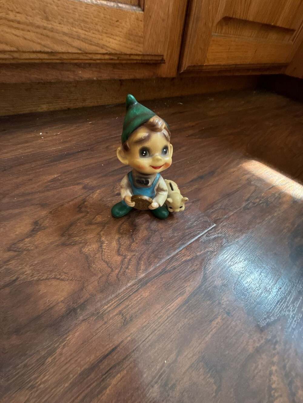Vintage Josef Originals Elf Pixie Figurine with Miniature Piggy Bank and Coin